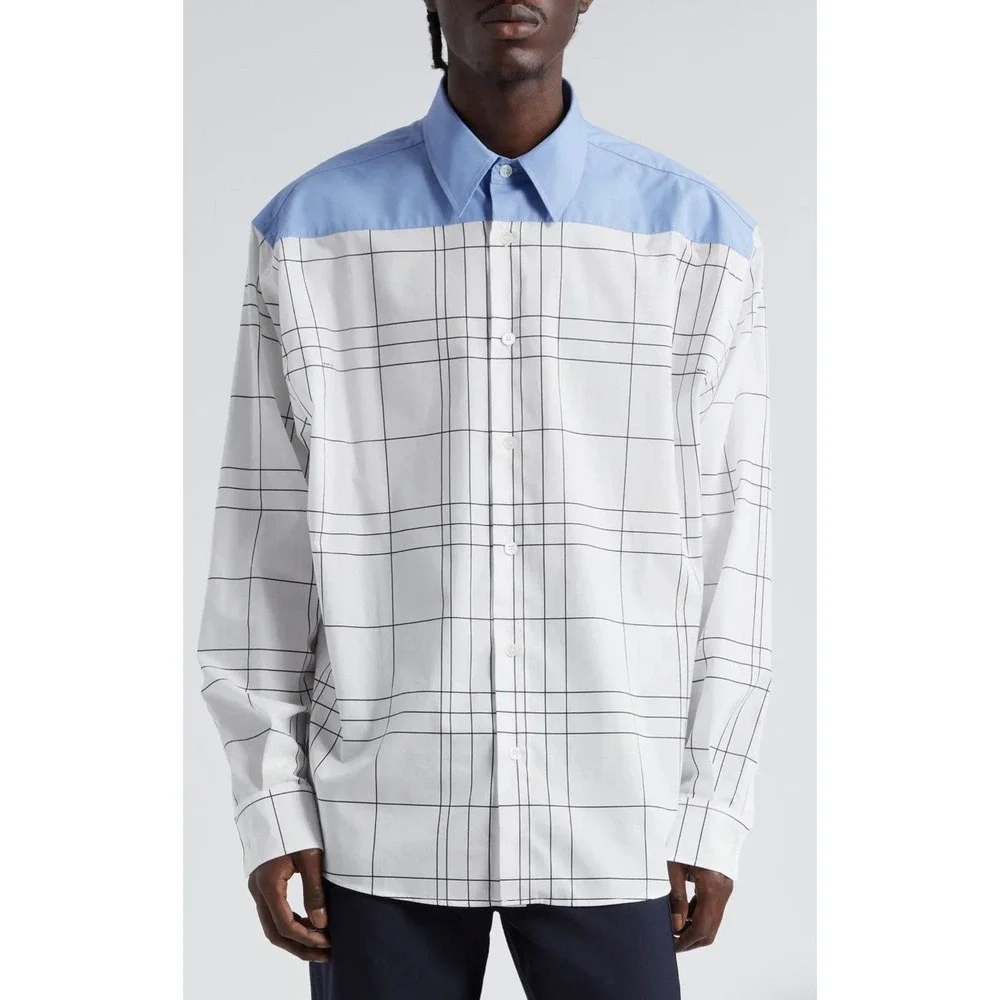 Marni Checked Button-Down Shirt With Blue Yoke – White/Black – IT 50 (L) NWT